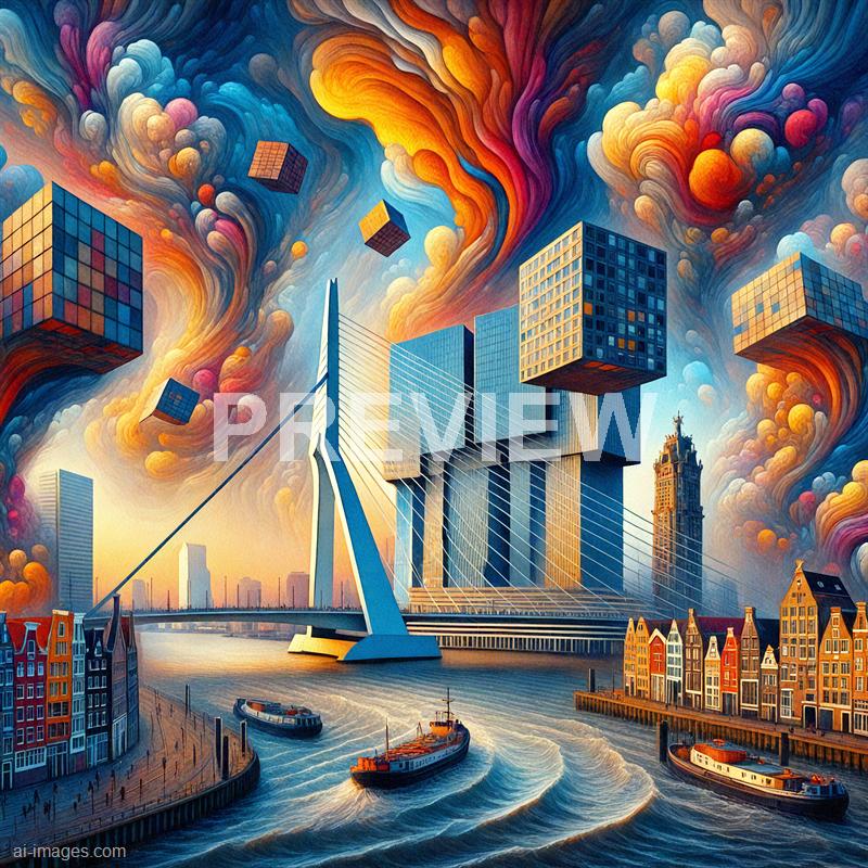 The image depicts a surreal cityscape with modern, futuristic buildings and a prominent bridge over a river. The sky is filled with swirling, vibrant clouds in shades of orange, pink, purple, and blue, with several floating geometric cubes adding to the fantastical atmosphere. The scene is bathed in warm, golden light, highlighting the sleek glass facades of the skyscrapers and the lively water below, where boats are sailing.